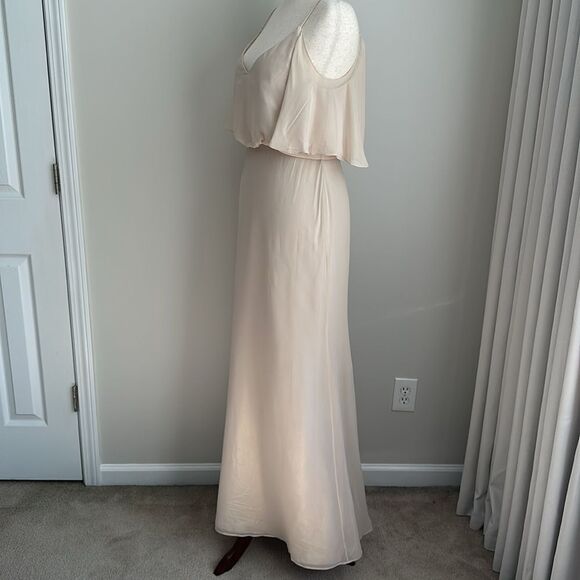 After Six Lux Shim V Neck Cold Shoulder Flounce Dress Bridesmaid in Gold Sz.10L - Picture 11 of 11